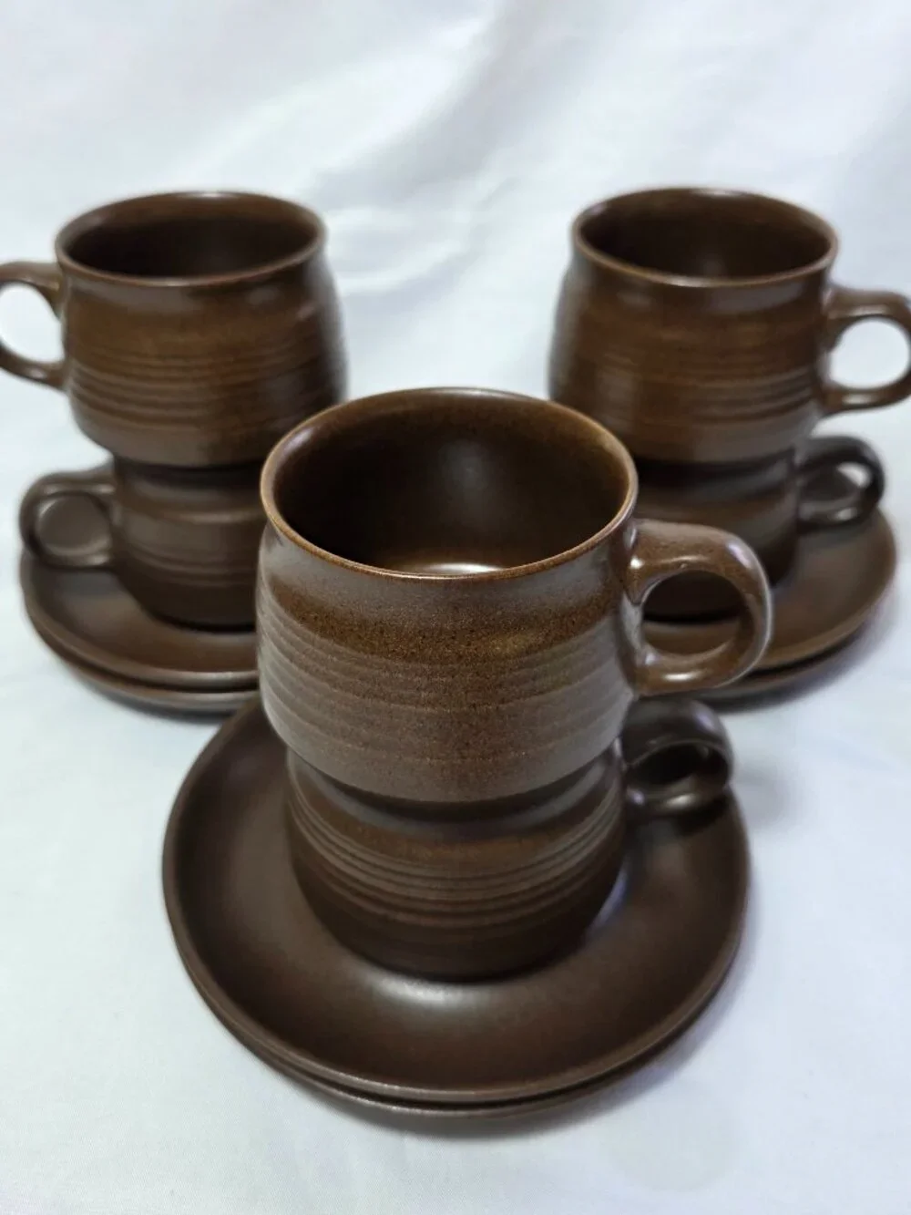 Six Denby Langley Mayflower Cup & Saucer Sets Brown with Bands